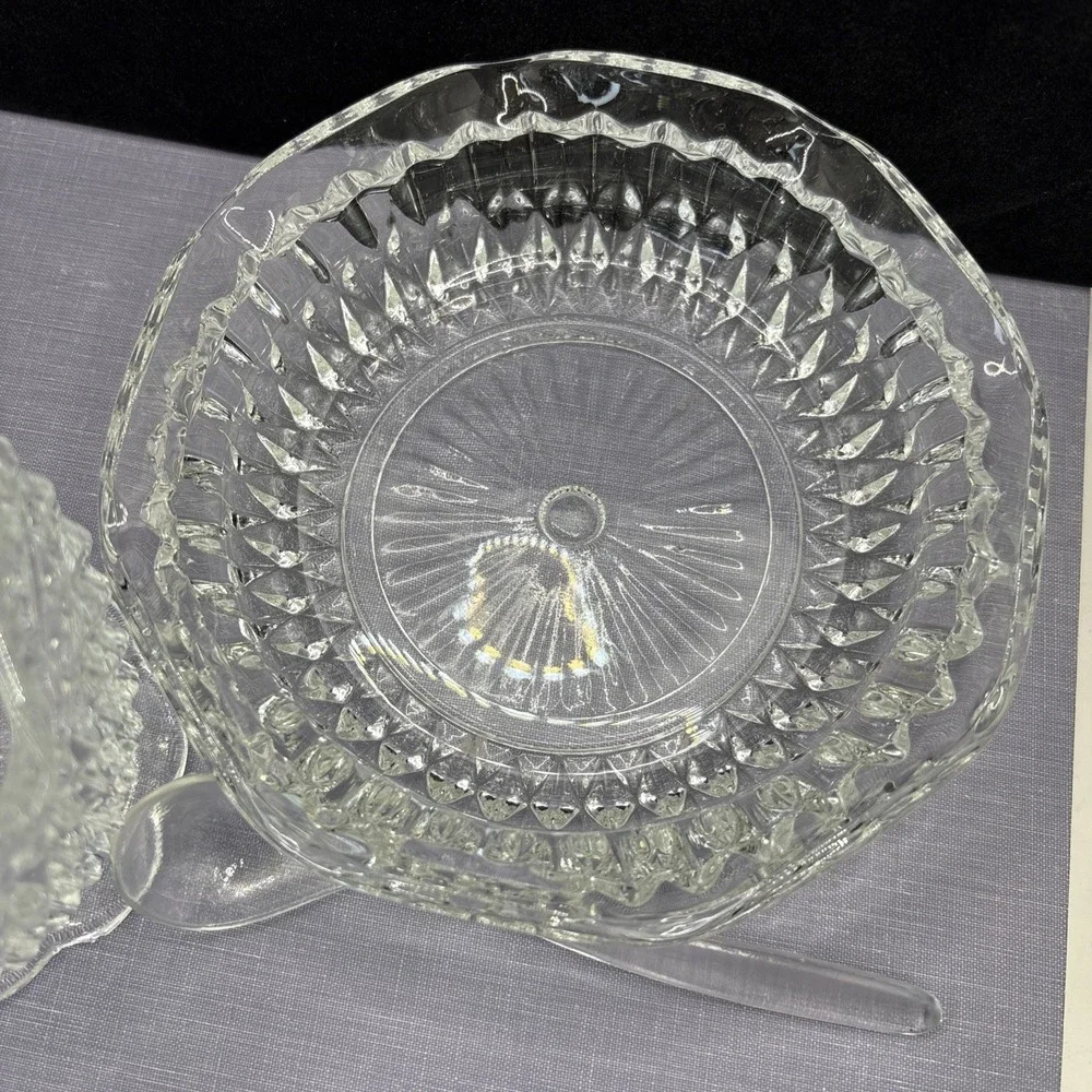 VINTAGE INDIANA GLASS‎ DIAMOND POINT 3 PC MAYO SAUCE SET IN THE BOX